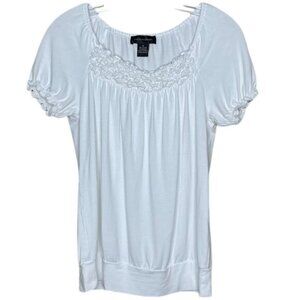 Cable & Gauge Top Peasant Style Smocking Short Sleeve White Size S Y2K Flirty